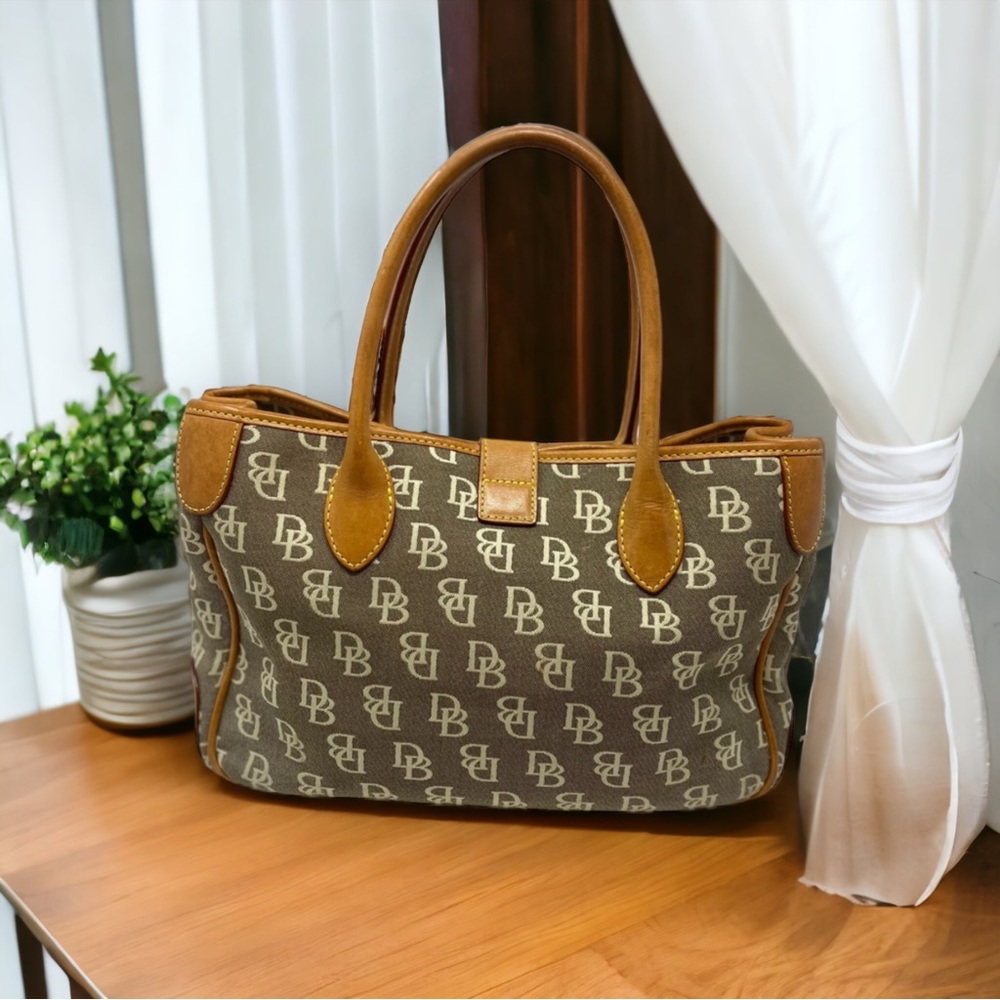 Dooney And Bourke Double Handle Khaki Logo Canvas & Leather Euc